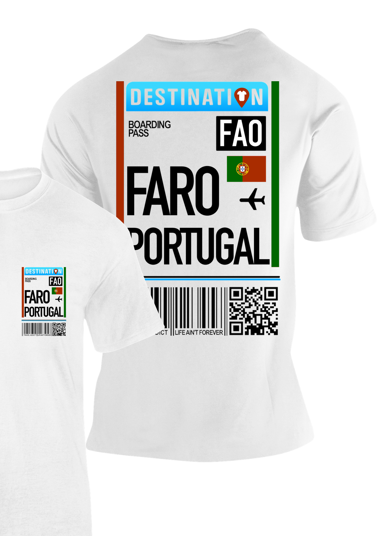 Camiseta Tarjeta de Embarque Faro blanca con diseño de boarding pass y código FAO – Destination.es