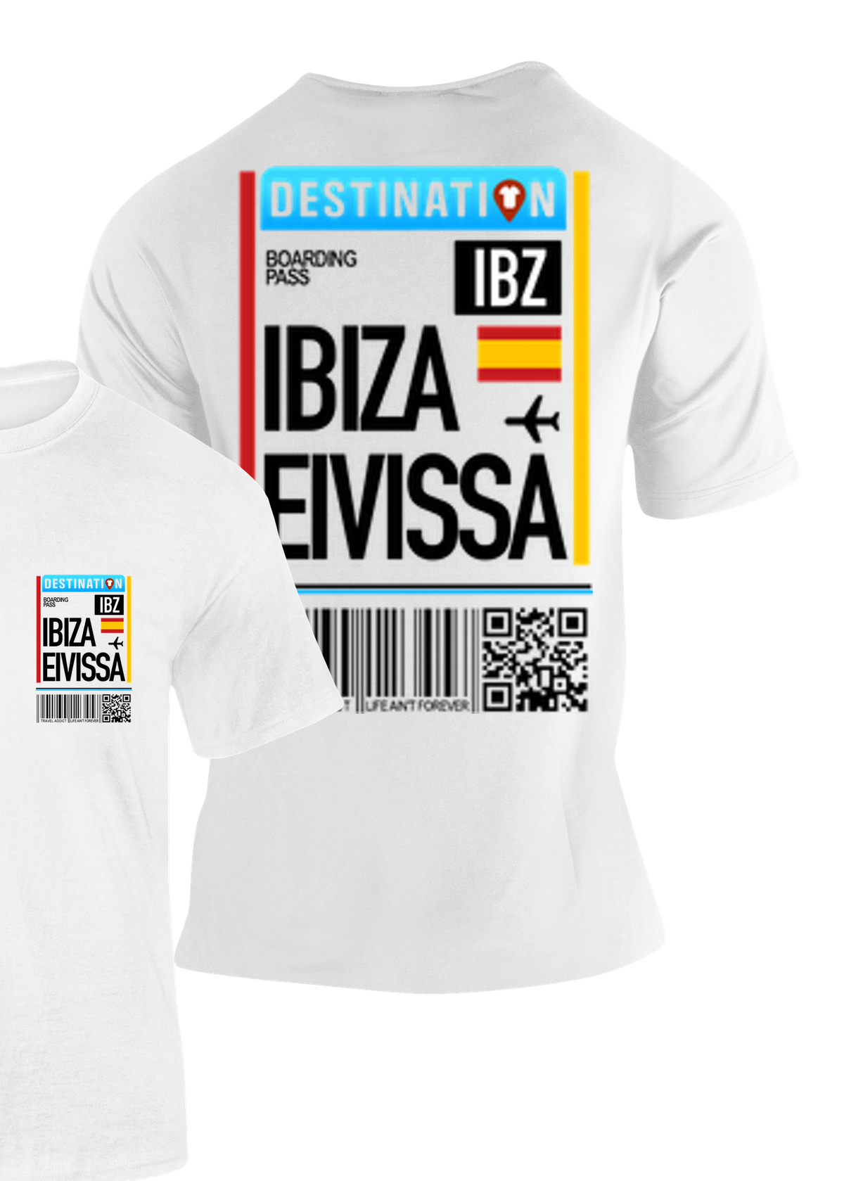 Camiseta Tarjeta de Embarque Ibiza blanca con diseño de boarding pass y código IBZ – Destination.es