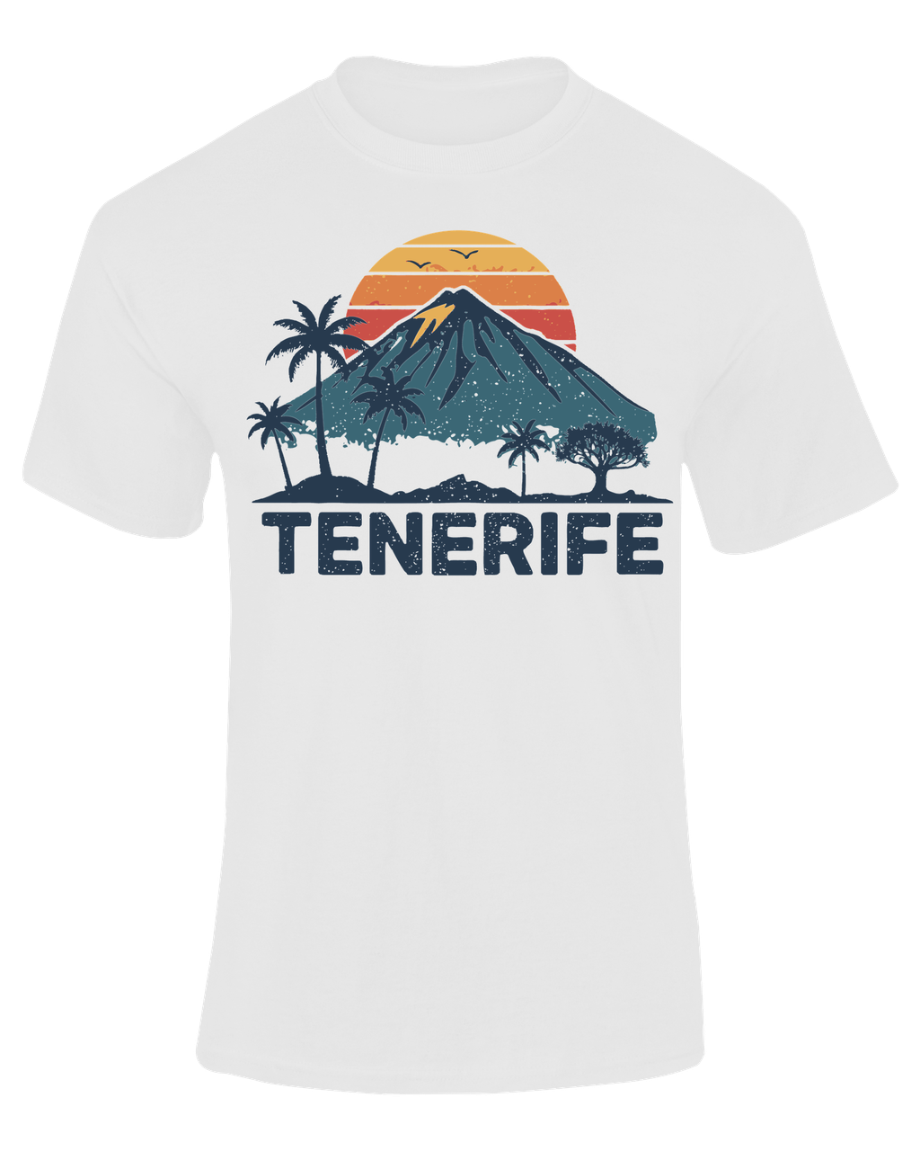 Camiseta Teide Sunset Tenerife blanca con diseño retro de volcán y palmeras – Destination.es