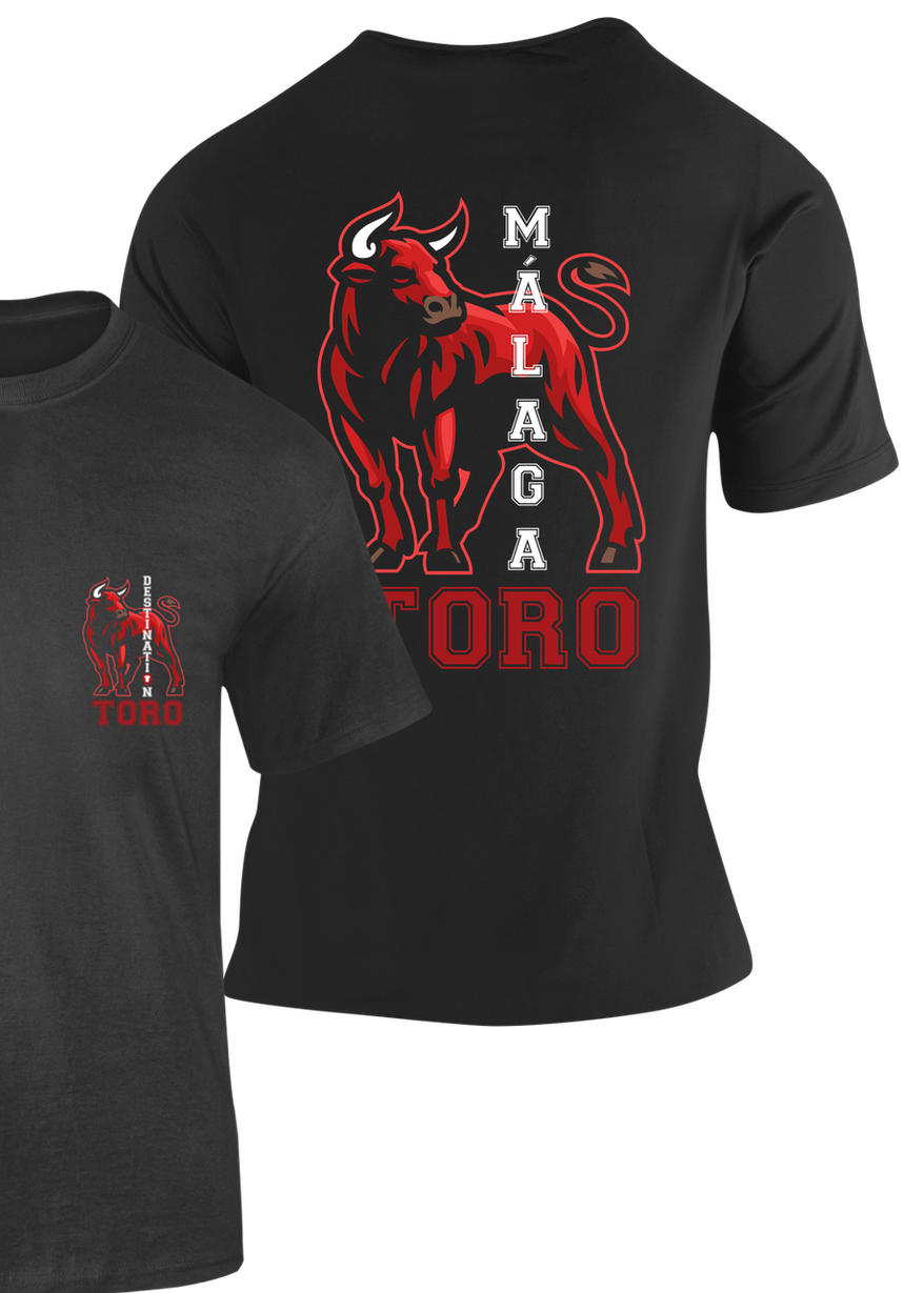 Camiseta Toro Málaga negra con ilustración de toro rojo y texto "Málaga Toro" – Destination.es