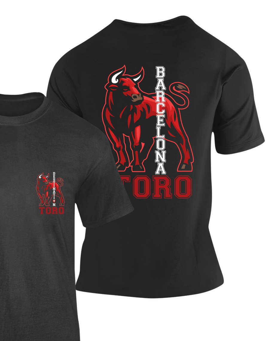 Camiseta Toro Barcelona negra con ilustración de toro rojo y texto "Barcelona Toro" – Destination.es