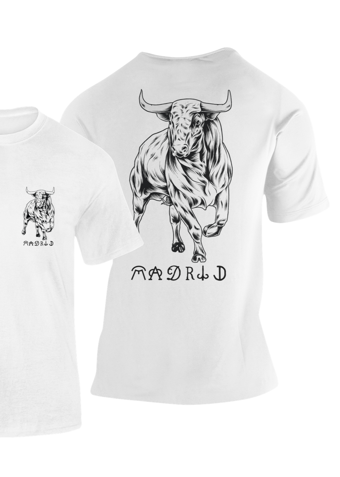 Camiseta Toro Bravo Madrid blanca con ilustración detallada de toro y texto "Madrid" – Destination.es