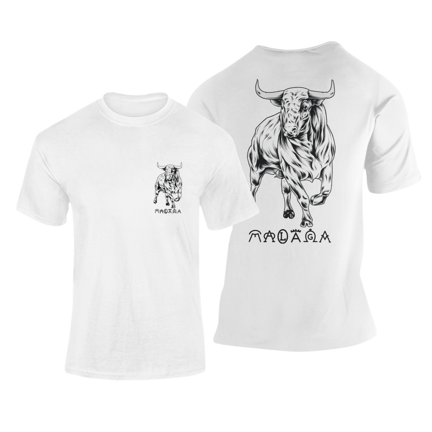 Camiseta Toro Bravo Málaga blanca con ilustración de toro en estilo grabado – Destination.es