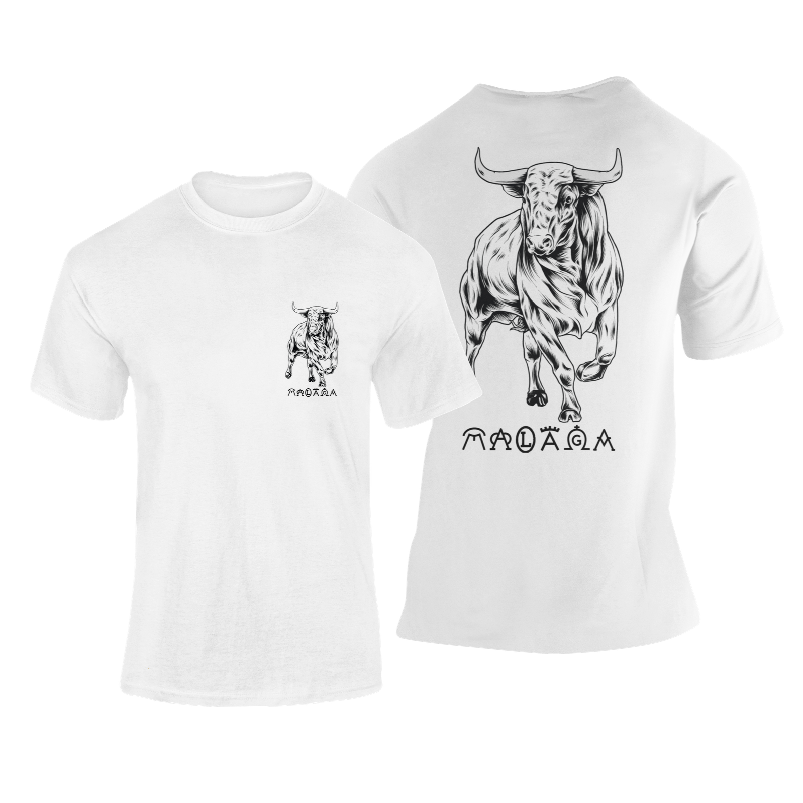 Camiseta Toro Bravo Málaga blanca con ilustración de toro en estilo grabado – Destination.es