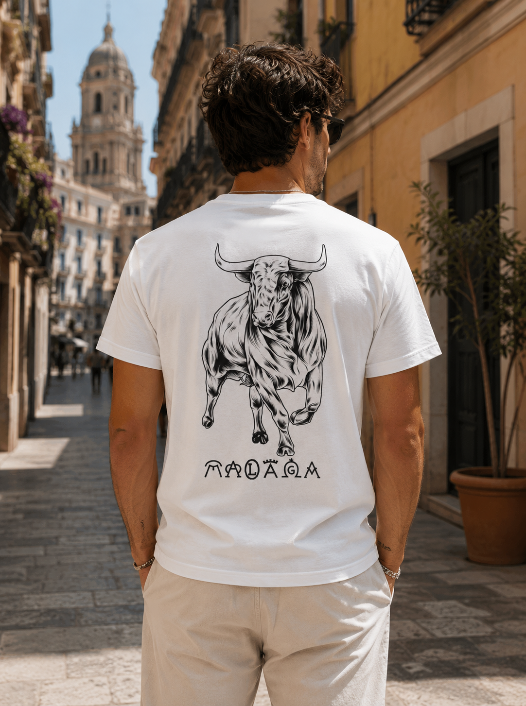 Modelo con Camiseta Toro Bravo Málaga blanca, diseño de toro bravo en espalda – Destination.es