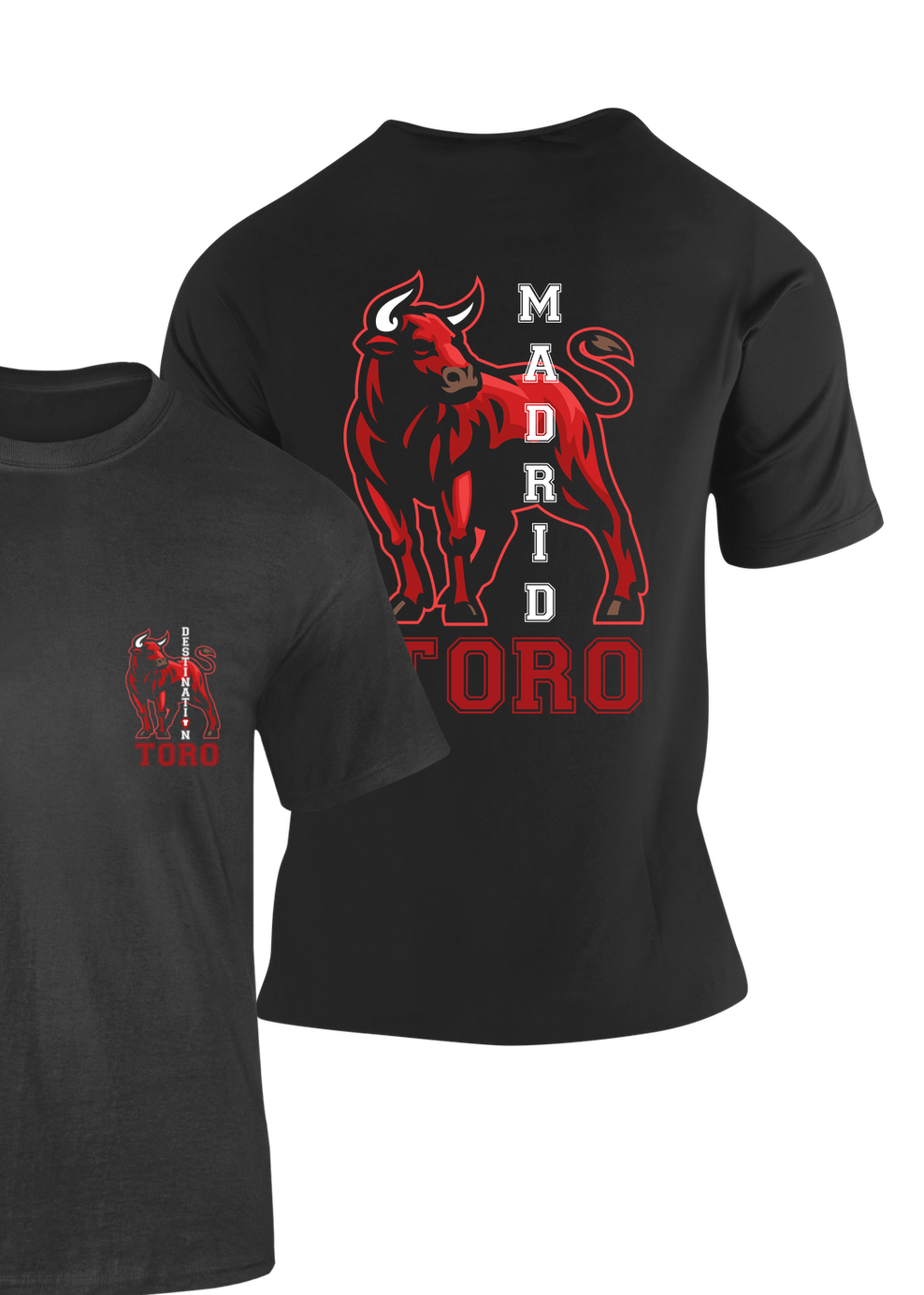 Camiseta Toro Madrid negra con ilustración de toro rojo y texto "Madrid Toro" – Destination.es