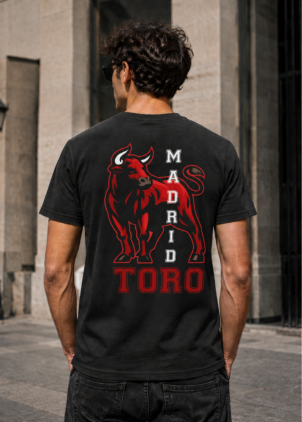 Modelo con Camiseta Toro Madrid negra, diseño de toro rojo y texto vertical "Madrid" – Destination.es
