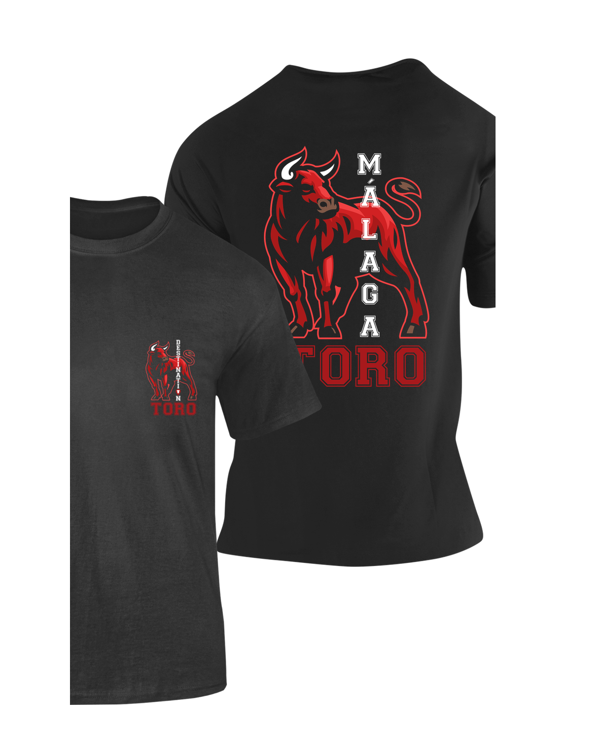 Camiseta Toro Málaga negra con mascota de toro rojo y texto "Málaga Toro" – Destination.es