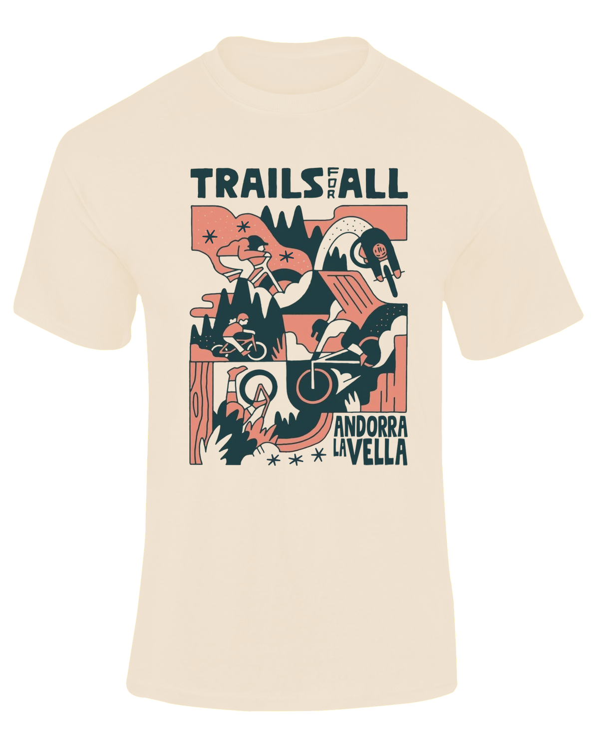 Camiseta Trails for All Andorra natural con ilustración de ciclistas de montaña – Destination.es