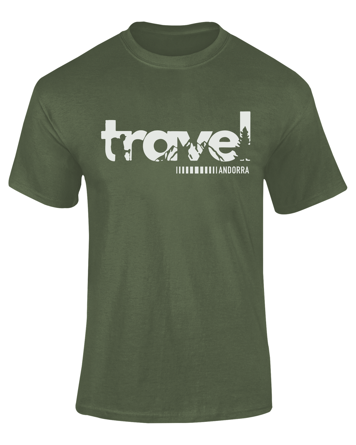 Camiseta Travel Andorra verde army con texto "Travel" y silueta de montaña integrada – Destination.es