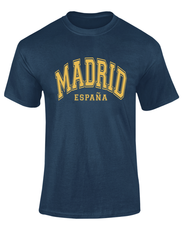 Camiseta University Madrid azul marino con texto "Madrid España" en dorado – Destination.es