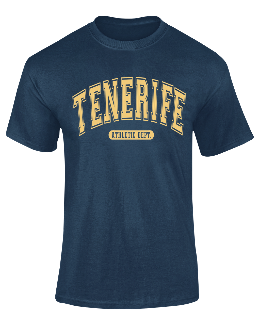 Camiseta University Tenerife azul marino con texto "Tenerife Athletic Dept." en amarillo – Destination.es