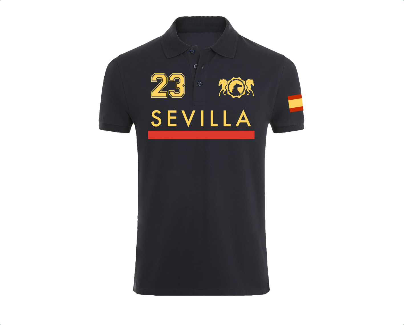 Polo azul marino Sevilla 23 con la bandera de España en la manga y diseño elegante con el nombre de la ciudad.