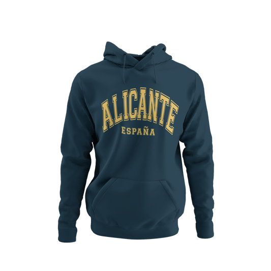 Sudadera azul con capucha y diseño universitario que dice "Alicante España", ideal como recuerdo de viaje o regalo.