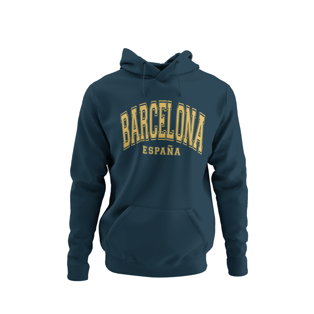 Sudadera azul con capucha y diseño universitario que dice "Barcelona España", ideal como recuerdo de viaje o regalo.