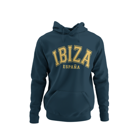 Sudadera azul con capucha y diseño universitario que dice "Ibiza España", ideal como recuerdo de viaje o regalo.