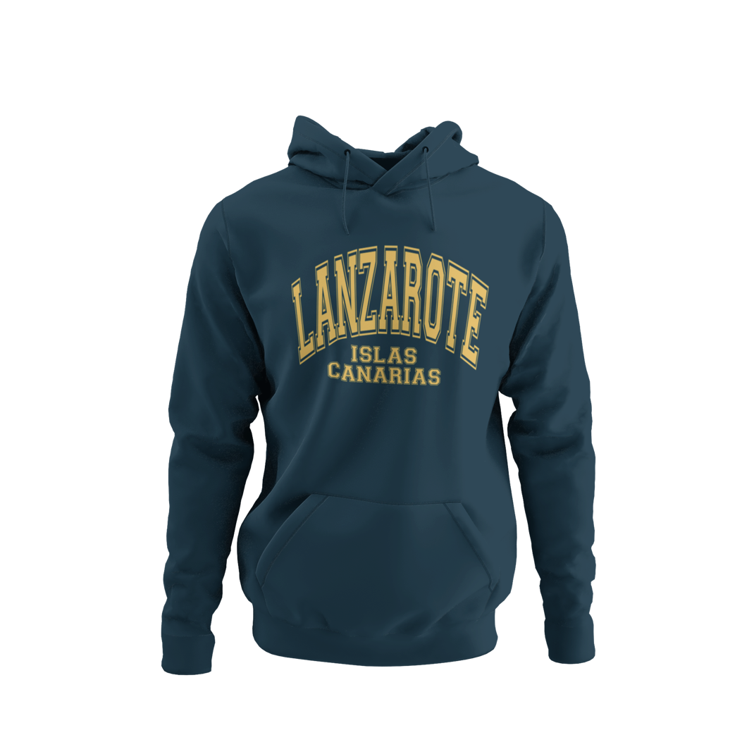 Sudadera azul con capucha y diseño universitario que dice "Lanzarote España", ideal como recuerdo de viaje o regalo.