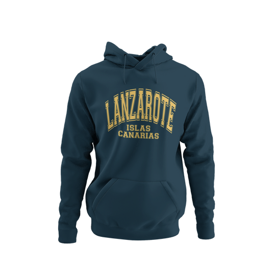 Sudadera azul con capucha y diseño universitario que dice "Lanzarote España", ideal como recuerdo de viaje o regalo.