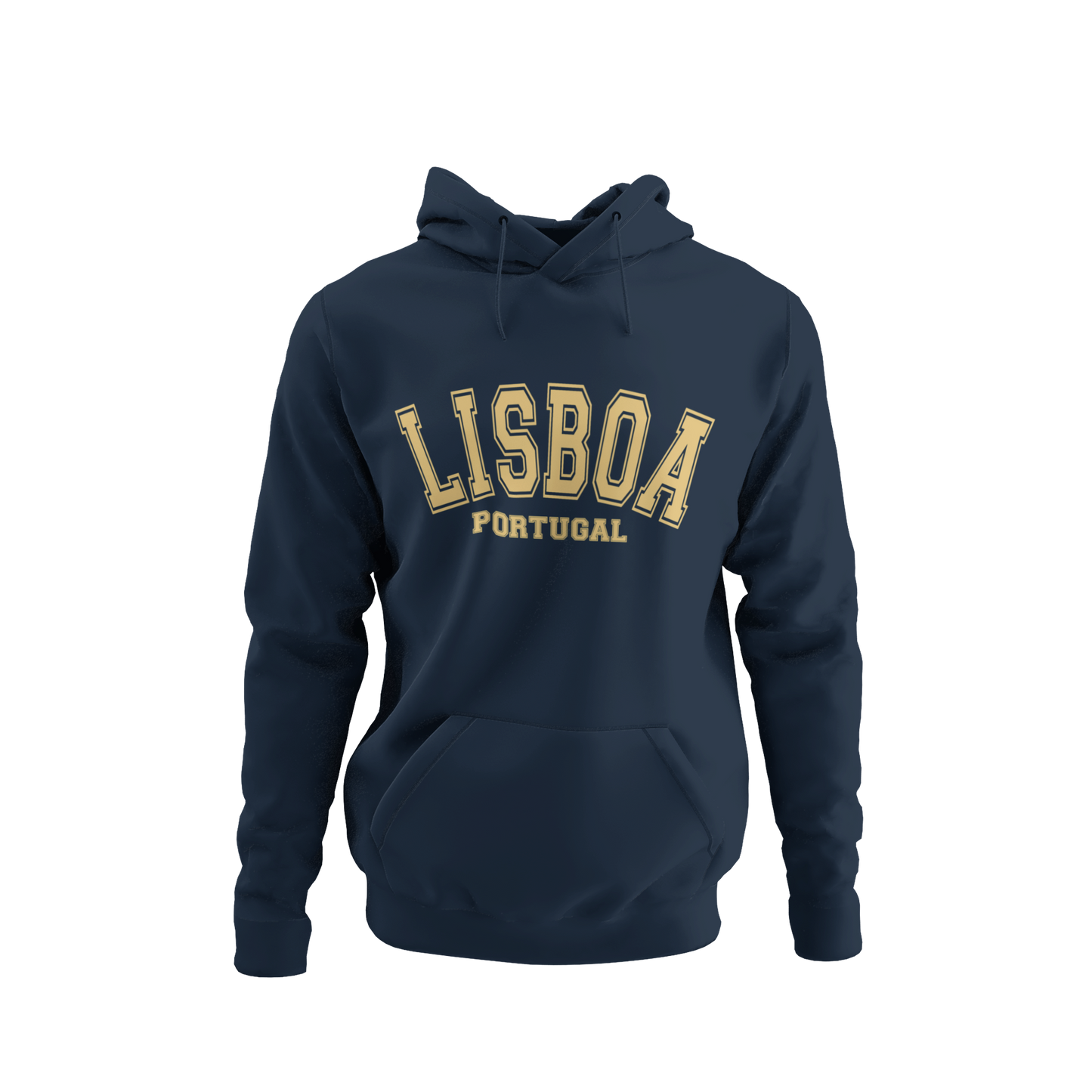 Sudadera azul con capucha y diseño universitario que dice "Lisboa Portugal", ideal como recuerdo de viaje o regalo.