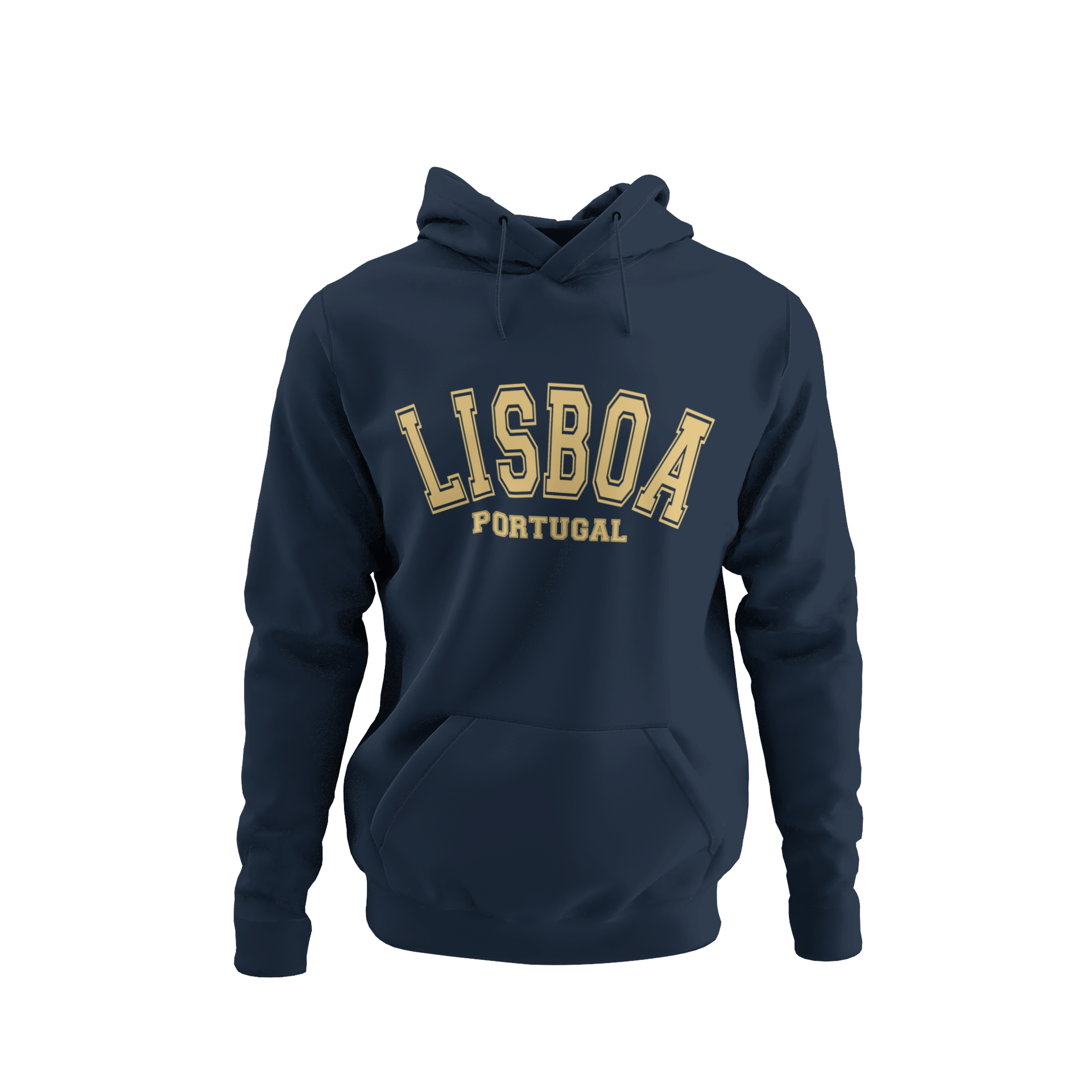 Sudadera azul con capucha y diseño universitario que dice "Lisboa Portugal", ideal como recuerdo de viaje o regalo.