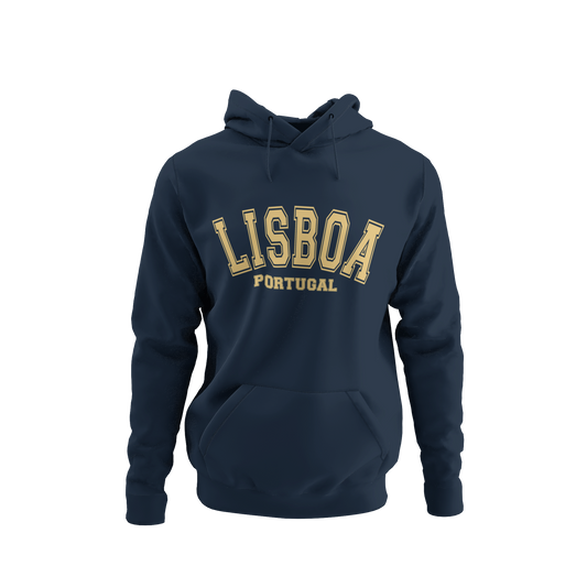 Sudadera azul con capucha y diseño universitario que dice "Lisboa Portugal", ideal como recuerdo de viaje o regalo.