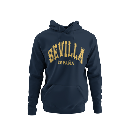 Sudadera azul con capucha y diseño universitario que dice "Sevilla España", ideal como recuerdo de viaje o regalo.